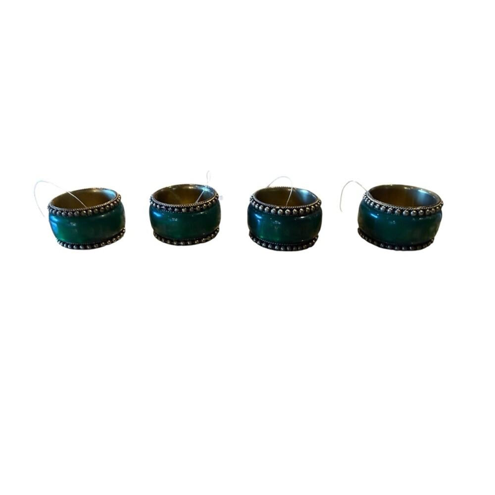 Vintage Brass & Green Elegant Green Beaded Edge Napkin Rings Made in India
